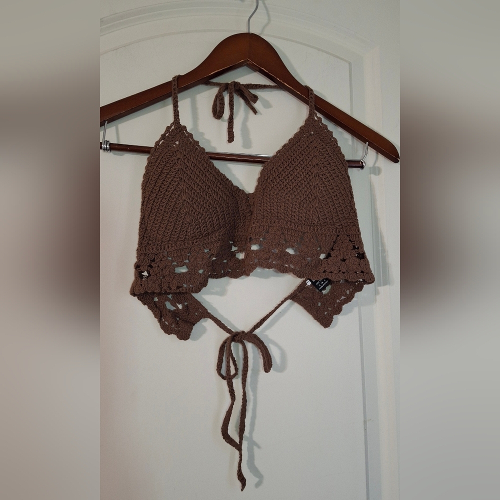 Shein Brown Crochet Halter Top S Western‎ Bohem Bell Seacore Mermaidcore Beachy